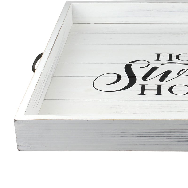 Stonebriar Square Worn White Home Sweet Home Decorative Wooden Tray with Metal Handles - Image 4